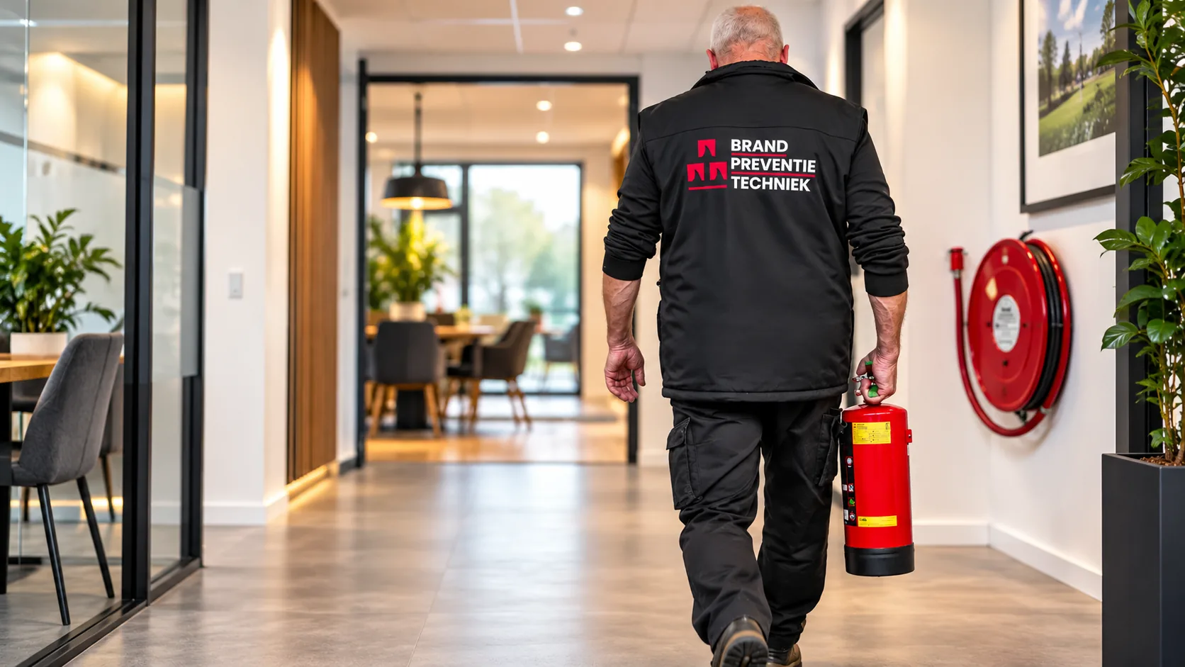 Monteur van Brandpreventie Techniek met een brandblusser op locatie, naast een brandslanghaspel