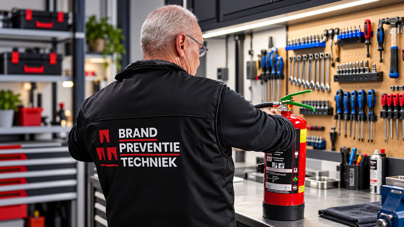 Onderhoud van een brandblusser in de werkplaats van Brandpreventie Techniek