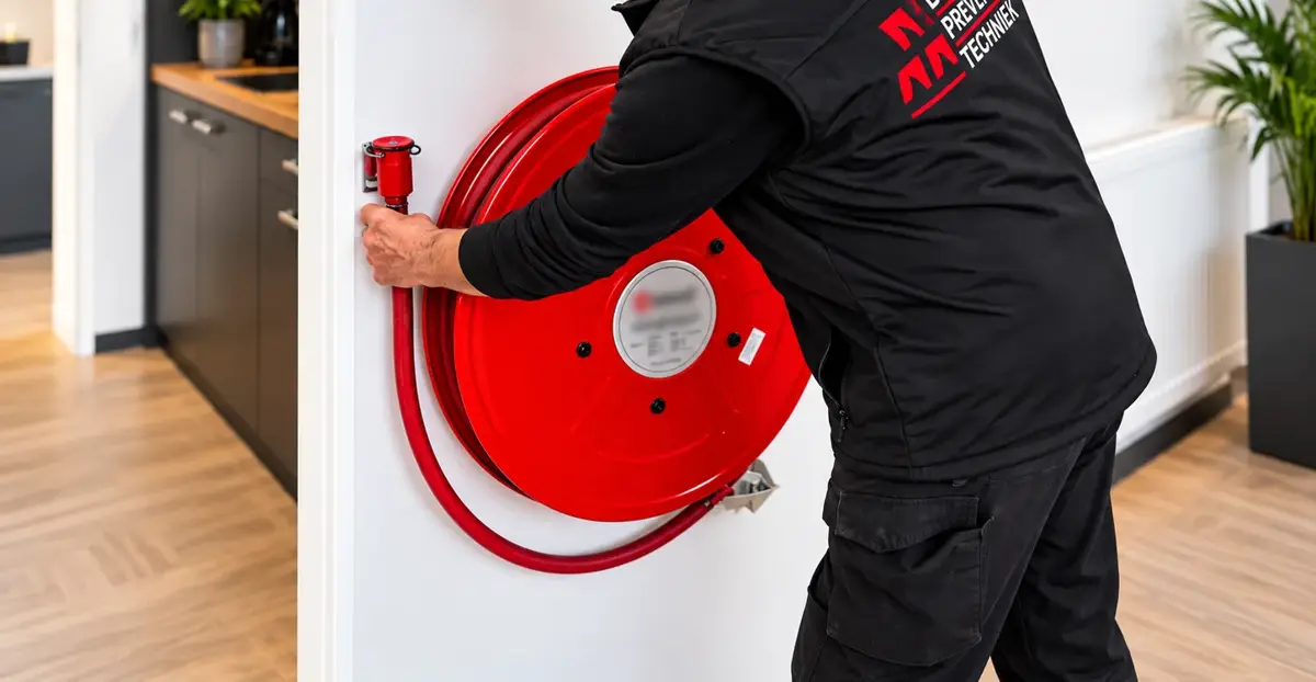 Monteur controleert een brandslanghaspel