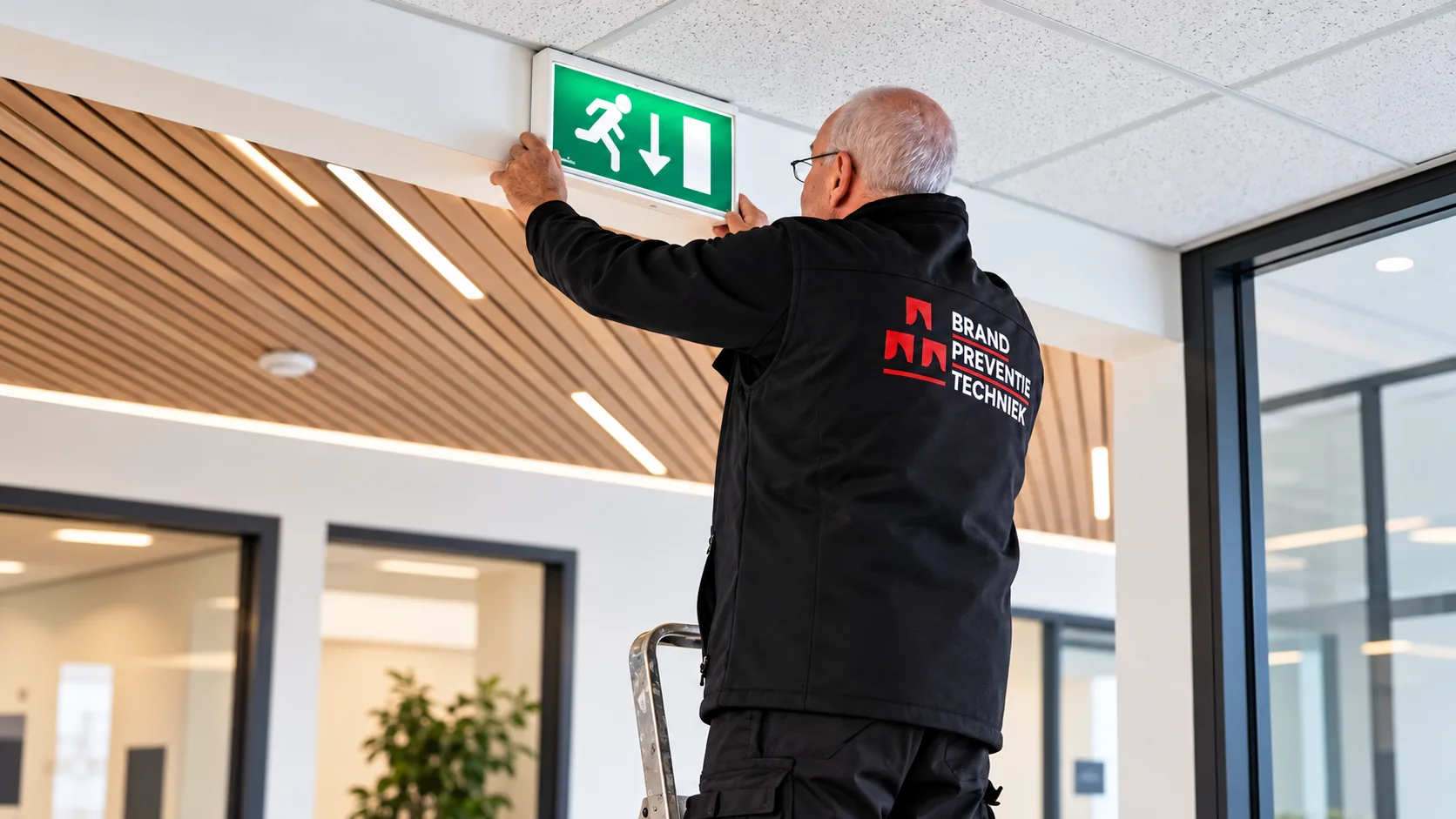 Keurmeester controleert een gang met branddeur en noodverlichting